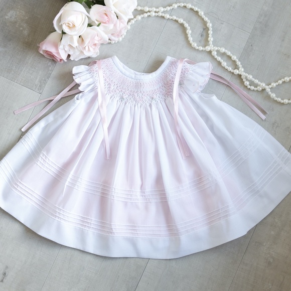 Newborn Smocked Dress White Pink Embroidery Will'beth Spring Portrait NWT - Picture 2 of 10